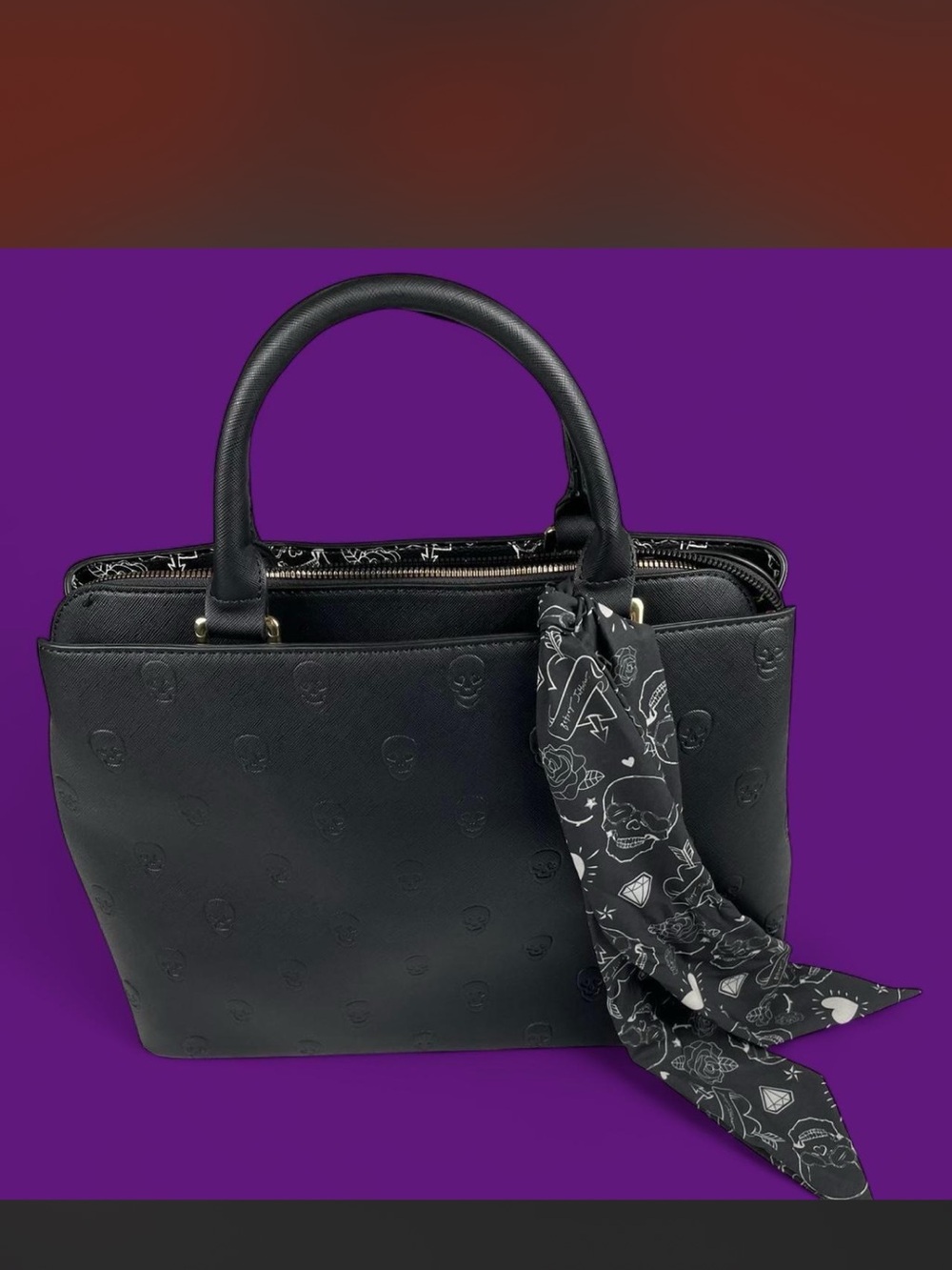Betsey Johnson Black Embossed Skull Satchel with Gold Accent - Picture 3 of 6